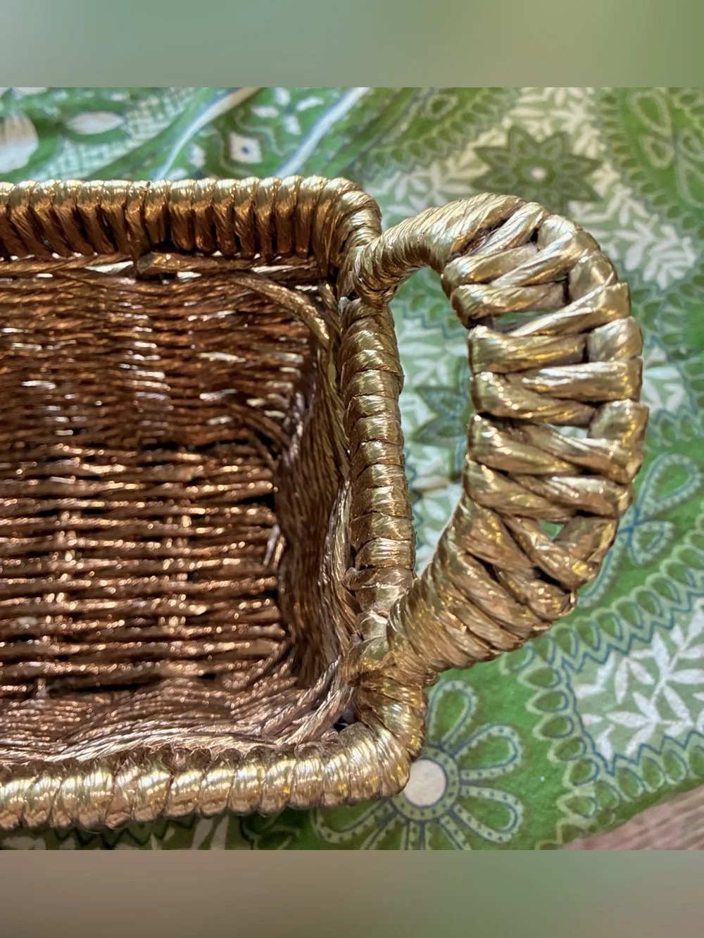 Metallic Gold Woven Abaca Rope Basket, Late 20th Century Rectangle with Handles.